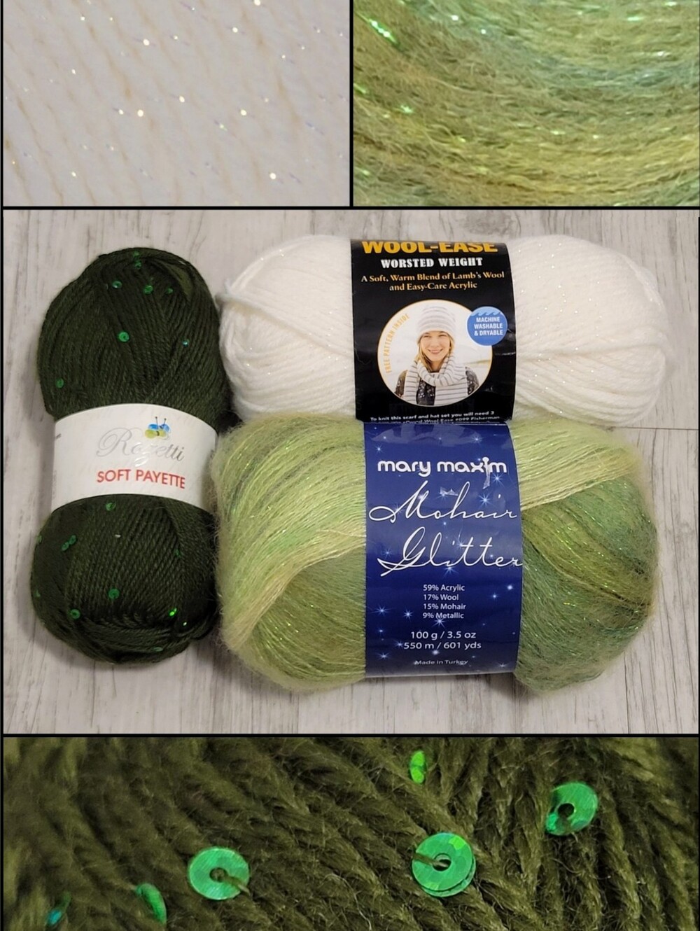 3-Skein Destash Novelty Sparkle Yarn Lot Rozetti Sequin Mohair Glitter Wool-Ease